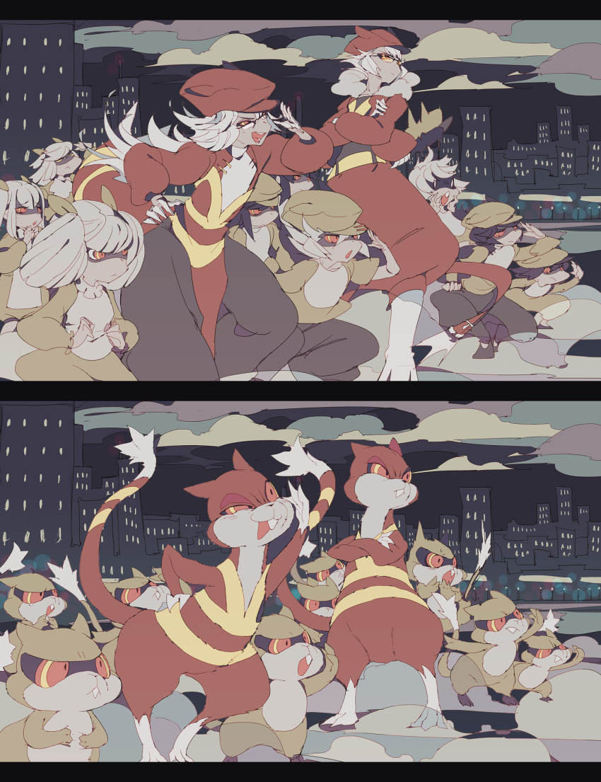 6+girls :o animal_hat bad_id bad_pixiv_id bandit black_sky building cityscape clenched_hand cloud colored_sclera creature_and_personification crossed_arms frown gen_5_pokemon glasses gloves hands_up hat highres lemming_no_suana long_sleeves multiple_girls nintendo outdoors patrat personification pokemon pokemon_(creature) puffy_long_sleeves puffy_sleeves red_eyes red_pupils red_sclera sketch sky skyscraper watchog white_gloves white_hair yellow_eyes