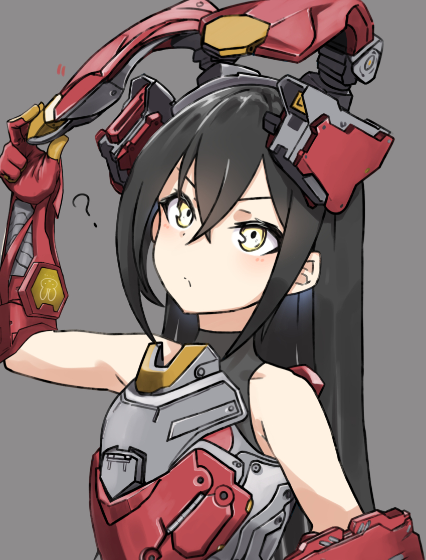 1girl ? bare_shoulders black_hair closed_mouth collarbone cosplay cuirass gauntlets girls&#039;_frontline girls&#039;_frontline_2:_exilium hair_between_eyes hand_up highres judge_(girls&#039;_frontline) krolik_(girls&#039;_frontline_2) krolik_(girls&#039;_frontline_2)_(cosplay) long_hair looking_up mechanical_ears shield sleeveless sleeveless_turtleneck solo turtleneck upper_body yellow_eyes zafuri_(yzrnegy)