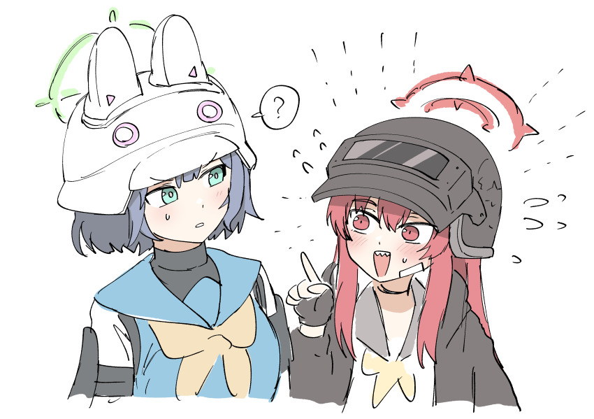 2girls :d ? absurdres black_gloves black_helmet blue_archive commentary_request fingerless_gloves gloves hair_between_eyes halo helmet highres long_hair long_sleeves multiple_girls neckerchief open_mouth rabu_(blue_archive) red_eyes red_hair saki_(blue_archive) sharp_teeth simple_background smile spoken_question_mark teeth white_background white_helmet yabunoki yellow_neckerchief