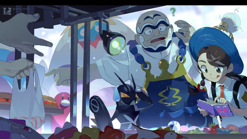 1boy 1girl 1other :q ? apron backpack bag bald banknote beard berry_(pokemon) black_bag blue_apron blue_headwear braid brown_eyes brown_hair closed_mouth collared_shirt crabominable e_volution facial_hair fish food fruit gen_1_pokemon gen_7_pokemon hair_ornament hat holding holding_bag holding_wallet juliana_(pokemon) kofu_(pokemon) lokix looking_at_another magikarp market_stall medium_hair money naranja_academy_school_uniform necktie nintendo on_head open_mouth orange_necktie plastic_bag pointing pokemon pokemon_(creature) pokemon_on_head pokemon_sv school_uniform shirt short_sleeves side_braid single_braid smile standing sweatdrop swept_bangs tamato_berry tarountula tatsugiri tatsugiri_(curly) tatsugiri_(droopy) tatsugiri_(stretchy) themed_object tongue tongue_out veluza venonat wallet white_shirt wing_collar wugtrio