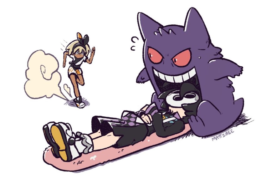 1boy 1girl allister_(pokemon) artist_name bea_(pokemon) black_hair black_hairband bow_hairband collared_shirt commentary dark-skinned_female dark_skin english_commentary flying_sweatdrops gen_1_pokemon gengar gym_leader hair_between_eyes hairband long_sleeves lying mask mattibee nintendo on_back pokemon pokemon_(creature) pokemon_swsh running shirt shoes short_sleeves shorts side_slit side_slit_shorts sideways_glance sitting suspender_shorts suspenders tied_shirt tongue tongue_out white_footwear