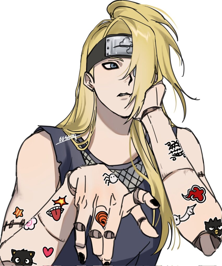 00sa44 1boy badtz-maru black_nails blonde_hair blue_eyes bracelet chococat crossover deidara_(naruto) doll_joints eyeliner hair_over_one_eye headband high_ponytail highres jewelry joints korean_commentary long_hair makeup male_focus naruto_(series) naruto_shippuuden parted_lips ponytail scar simple_background sketch solo star_(symbol) stitches tattoo white_background