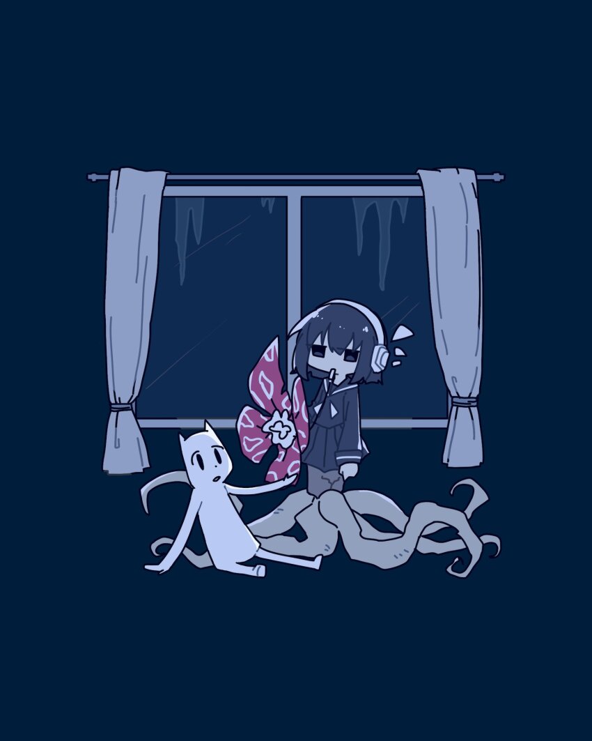 1girl black_eyes black_hair black_serafuku black_skirt blue_background commentary_request creature curtains expressionless flower headphones highres icicle jitome kain_(uvvvuvum) kuuneru_engeizaa_(voiceroid) long_sleeves looking_at_viewer monster_girl mouth_hold neckerchief nene_nene plant_girl plant_roots pleated_skirt rafflesia_(flower) school_uniform serafuku simple_background sitting skirt sutopi-kun utau white_neckerchief window winter