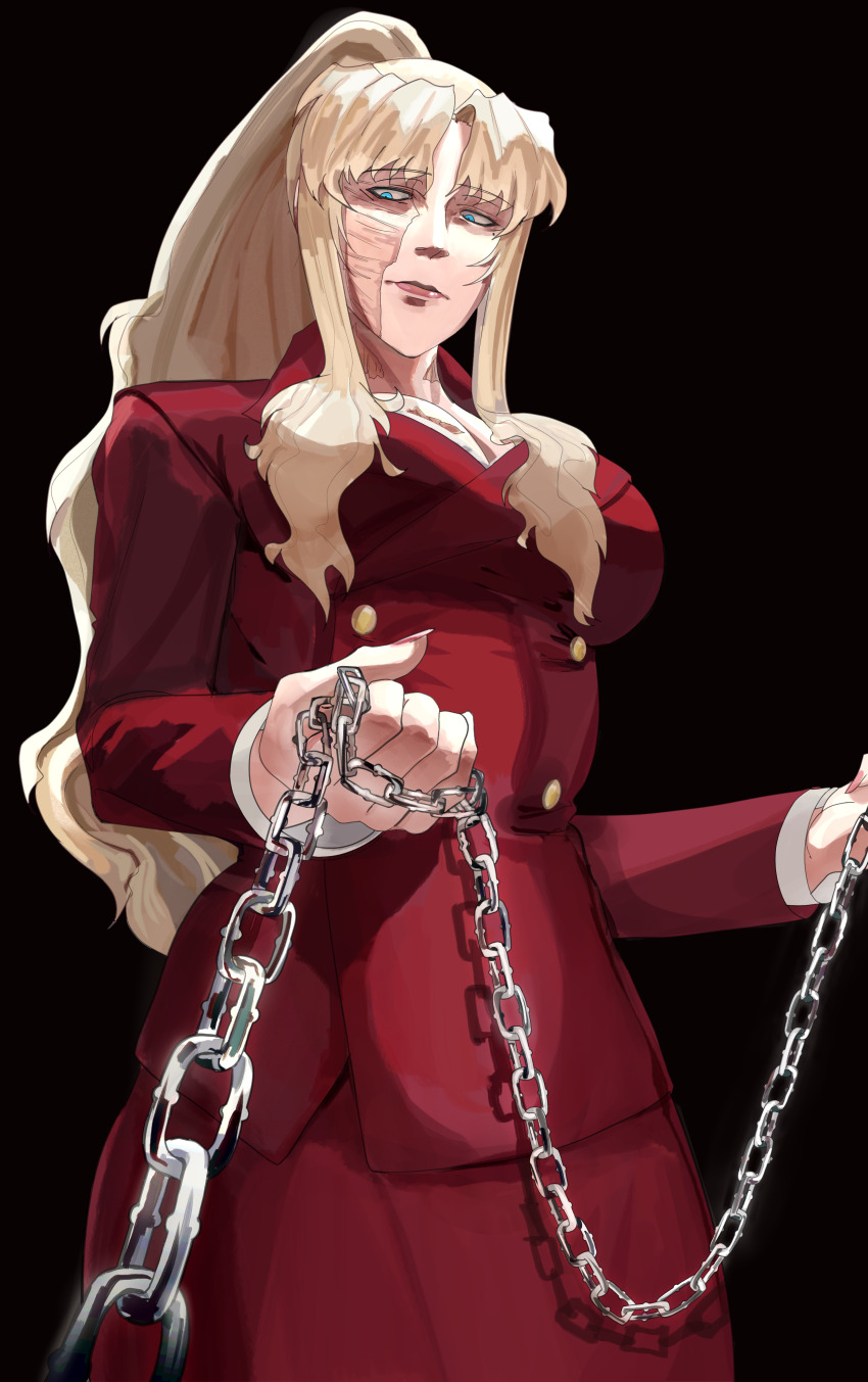 1girl absurdres balalaika_(black_lagoon) black_lagoon blomo217 breasts chain chain_leash formal_clothes highres holding holding_leash kasciuszka large_breasts leash looking_at_viewer looking_down ponytail pov red_suit scar scar_on_face solo suit viewer_on_leash