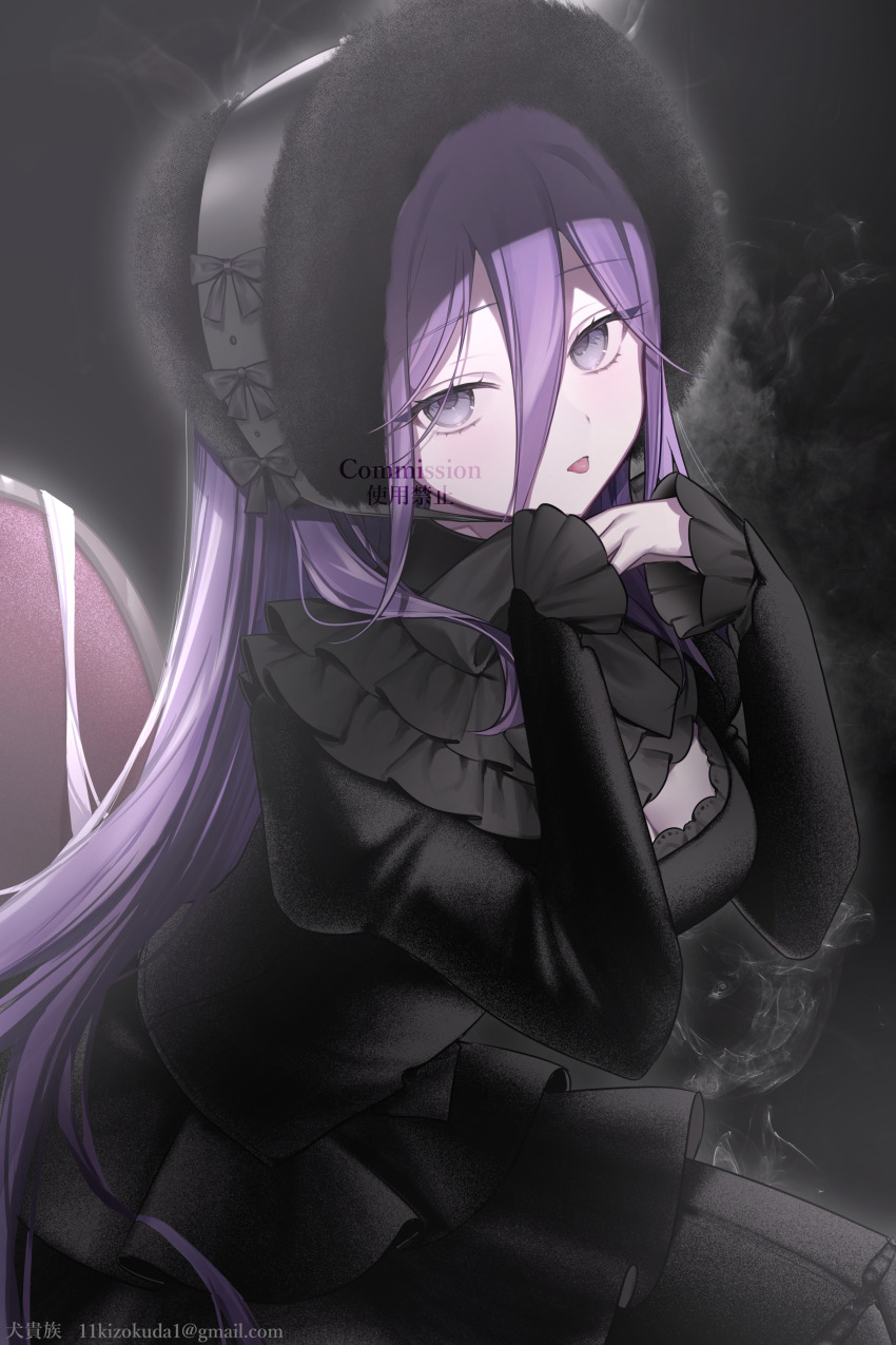 1girl absurdres artist_name black_background black_bow black_dress black_hat bow breasts cleavage commentary_request commission dress email_address frilled_dress frills fur_hat goth_fashion hair_between_eyes hands_up hat highres kumo_tabetai large_breasts long_hair long_sleeves looking_at_viewer multiple_hat_bows open_mouth original own_hands_together partial_commentary pleated_dress purple_eyes purple_hair sitting skeb_commission solo tongue tongue_out very_long_hair