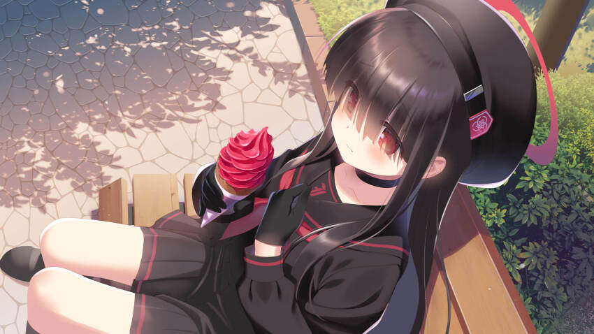 1girl beret black_choker black_gloves black_hair black_hat black_sailor_collar black_serafuku black_skirt black_socks blue_archive blunt_bangs blush choker closed_mouth collarbone cream curled_fingers dappled_sunlight day feet_out_of_frame food from_above gloves hair_over_eyes halo hands_up hat highres holding holding_ice_cream_cone ice ice_cream ice_cream_cone justice_task_force_member_(blue_archive) long_hair long_sleeves looking_at_viewer miniskirt neckerchief official_art on_bench outdoors pavement pleated_skirt raised_inner_eyebrows red_eyes red_halo red_neckerchief sailor_collar santa_matsuri school_uniform serafuku sidelocks sitting skirt socks solo sunlight trinity_general_school_logo wavy_mouth
