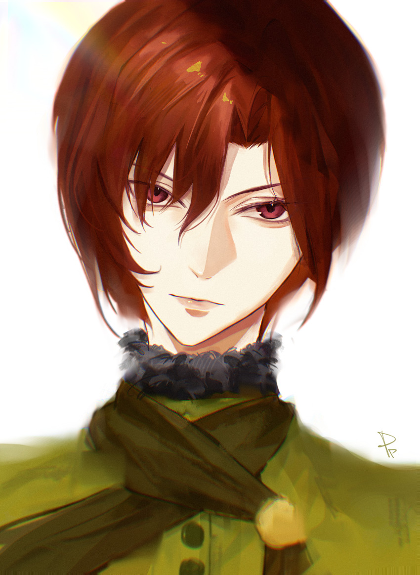 1girl absurdres aozaki_touko aozaki_touko_(mahou_tsukai_no_yoru) fur_trim highres looking_at_viewer mahou_tsukai_no_yoru portrait pppeipeipipi red_eyes red_hair short_hair simple_background solo white_background