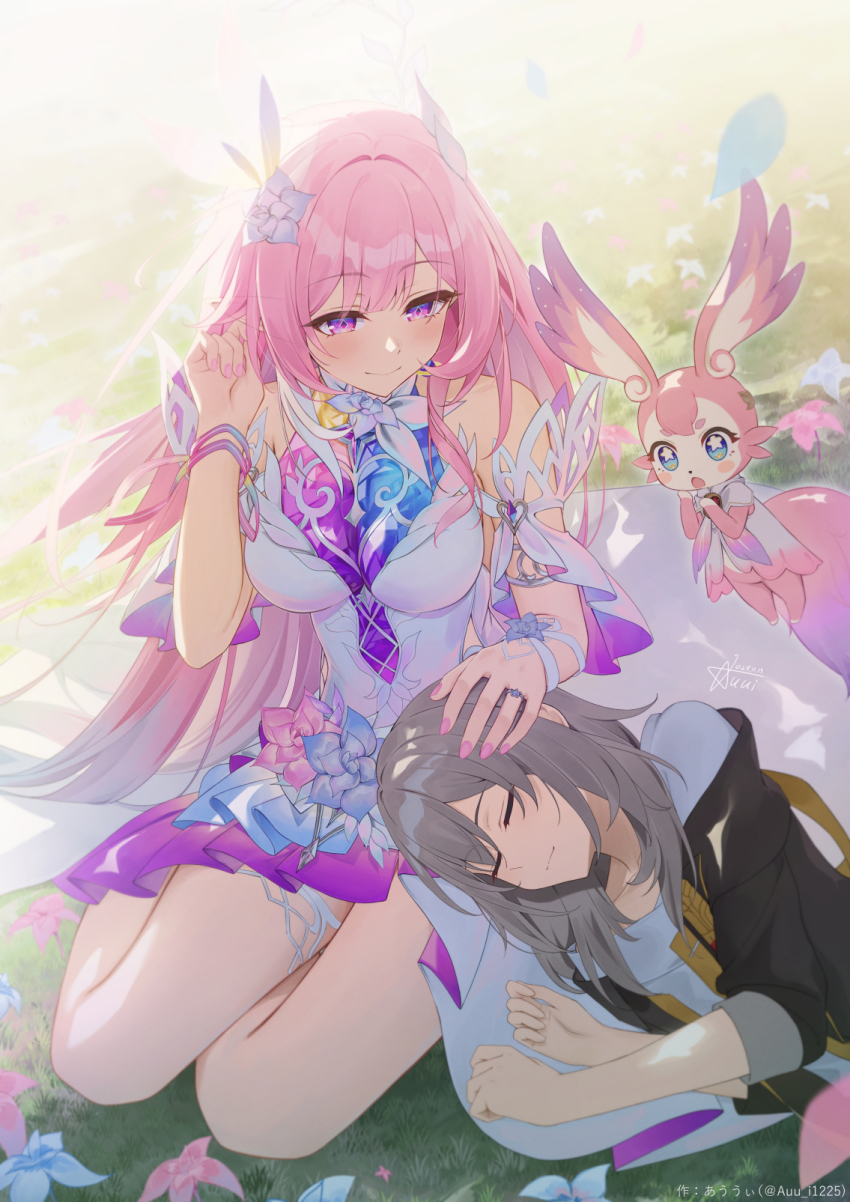 2girls armlet auui bare_shoulders black_jacket blue_petals blush closed_mouth commentary_request cyrene_(honkai:_star_rail) cyrene_(ripples_of_past_reverie)_(honkai:_star_rail) diamond-shaped_pupils diamond_(shape) dress dual_persona fingernails flower grey_hair hair_flower hair_ornament hand_on_another&#039;s_head hand_up highres honkai:_star_rail honkai_(series) jacket jewelry lap_pillow large_arm looking_at_another mem_(honkai:_star_rail) multiple_girls nail_polish pink_hair pink_nails pink_petals pointy_ears purple_eyes purple_flower purple_rose rose shirt sidelocks sitting smile stelle_(honkai:_star_rail) symbol-shaped_pupils thighs trailblazer_(honkai:_star_rail) twitter_username veil white_dress white_shirt white_veil yokozuwari