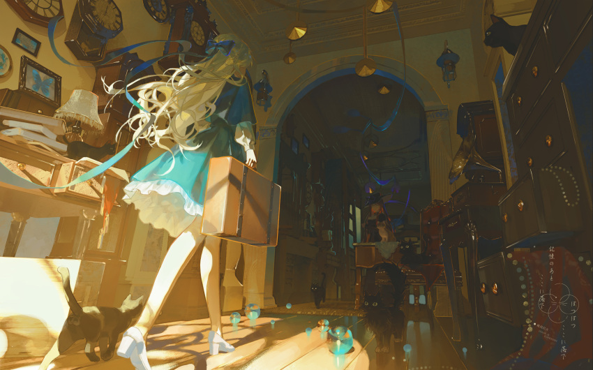 1girl absurdres arch black_cat blonde_hair blue_bow blue_dress bow cabinet cat clock commentary desk dress english_commentary from_below gejiandenghuo hair_bow high_heels highres holding holding_suitcase indoors lamp long_hair original picture_frame solo suitcase walking wooden_floor