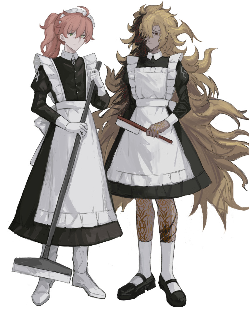 2boys absurdres ahoge alternate_costume amputee apron black_dress black_footwear blonde_hair boots broom brown_eyes buchengshangsechubugaiming chaldea_logo chinese_commentary cleaning_brush closed_mouth collared_dress commentary_request crossdressing dark-skinned_male dark_skin dress enmaided fate/grand_order fate_(series) frilled_apron frills frown full_body gloves goetia_(fate) green_eyes hair_between_eyes hair_over_one_eye hand_tattoo highres holding holding_broom holding_brush juliet_sleeves king_of_men_goetia_(fate) leg_tattoo long_dress long_hair long_sleeves looking_at_viewer maid maid_apron maid_headdress male_focus male_maid mary_janes missing_limb multiple_boys pink_hair ponytail puffy_sleeves romani_archaman shoes simple_background smile socks standing tattoo very_long_hair white_apron white_background white_footwear white_gloves white_socks wing_collar