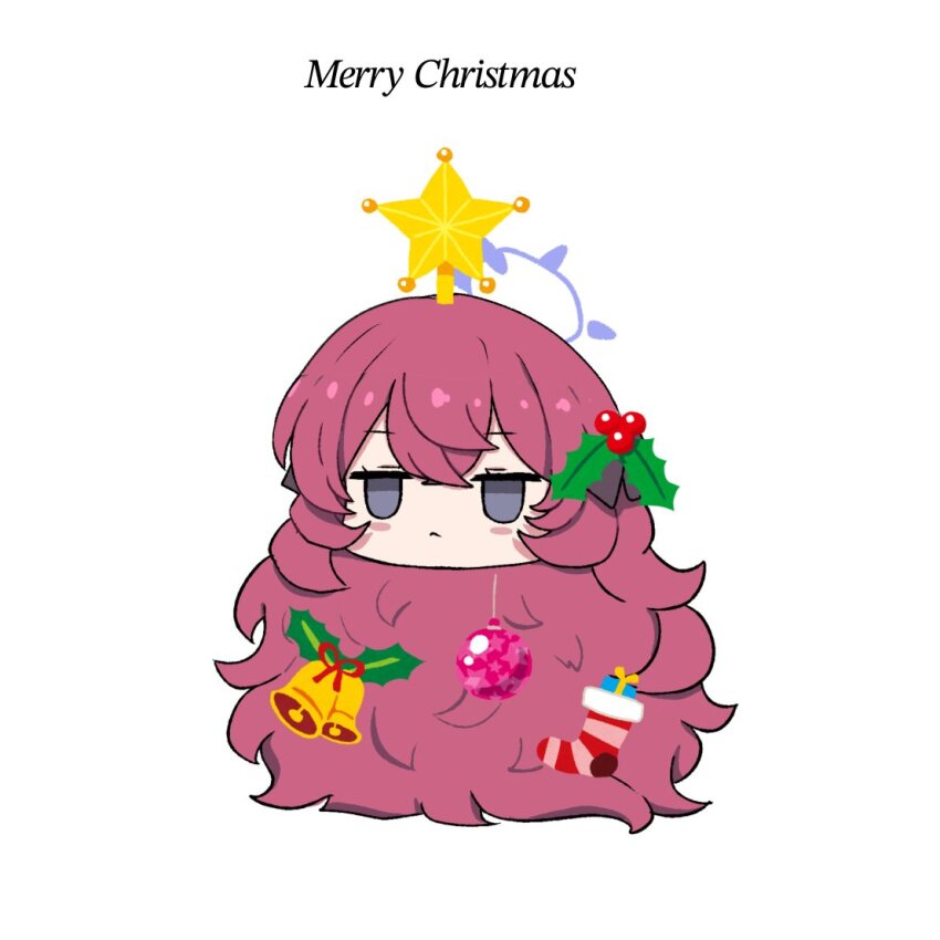 1girl annoyed blue_archive blue_halo chibi christmas christmas_ornaments christmas_star christmas_stocking christmas_tree_hair_ornament english_text fluffy_hair frown grey_eyes hair_ornament halo iroha_(blue_archive) koucha_(sr4ez) long_hair red_fur red_hair simple_background very_long_hair white_background