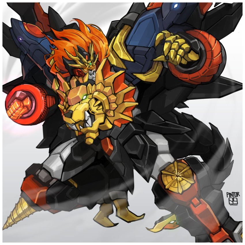 absurdres clenched_hand drill genesic_gaogaigar glowing glowing_eyes glowing_hand grey_background highres mecha mechanical_wings moku_(pintor09) no_humans open_hand orange_eyes orange_hair robot solo super_robot v-fin wings yuusha_ou_gaogaigar yuusha_ou_gaogaigar_final yuusha_series