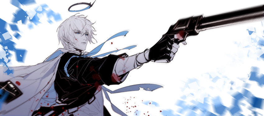 1boy arknights arm_ribbon black_gloves black_jacket blood blood_on_face blood_splatter blue_eyes blue_ribbon bracelet chinese_commentary closed_mouth coat coat_on_shoulders commentary_request executor_(arknights) executor_(titleless_code)_(arknights) fingerless_gloves gloves gun halo highres holding holding_gun holding_weapon jacket jewelry male_focus mechanical_halo official_alternate_costume open_clothes open_jacket ribbon scar scar_on_arm shirt short_hair shotgun sleeves_rolled_up solo upper_body weapon white_background white_coat white_hair white_shirt xiandao1213
