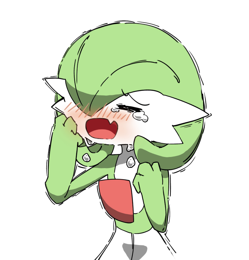 1girl =_= blush bob_cut closed_eyes colored_skin creatures_(company) crying fang female_focus flat_chest game_freak gardevoir gen_3_pokemon green_hair green_skin hair_over_one_eye hands_up highres multicolored_skin nintendo nose_blush one_eye_covered open_mouth pokemon pokemon_(creature) raised_eyebrows sad short_hair simple_background skin_fang solo standing trembling tsutsu_izakura two-tone_skin upper_body white_background white_skin