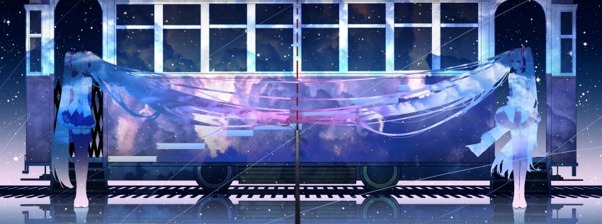 2girls absurdres commentary english_commentary fuka_(pixiv_84081952) galaxy hatsune_miku highres incredibly_absurdres long_hair miniskirt multiple_girls necktie pleated_skirt skirt sky star_(sky) starry_sky streetcar twintails very_long_hair vocaloid