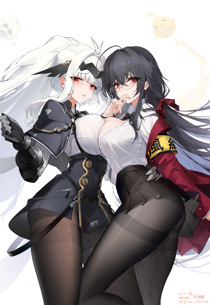2girls absurdres antenna_hair ash_arms ass azur_lane black_bow black_bowtie black_capelet black_gloves black_hair black_headband black_pantyhose black_skirt bow bowtie breast_press breasts buttons capelet chinese_commentary collared_shirt crossover double-breasted dress framed_breasts glasses gloves hand_on_another&#039;s_waist headband high_ponytail highres huang_(pixiv3580877) jacket large_breasts long_hair long_sleeves looking_at_viewer loose_bowtie manjuu_(azur_lane) medium_dress miniskirt multiple_girls official_alternate_costume pantyhose partially_unbuttoned pleated_skirt ponytail red_eyes red_jacket school_uniform semi-rimless_eyewear shirt shirt_tucked_in simple_background skirt sr-71_blackbird_(ash_arms) symmetrical_docking taihou_(azur_lane) taihou_(sweet_time_after_school)_(azur_lane) thighband_pantyhose translation_request very_long_hair white_background white_shirt