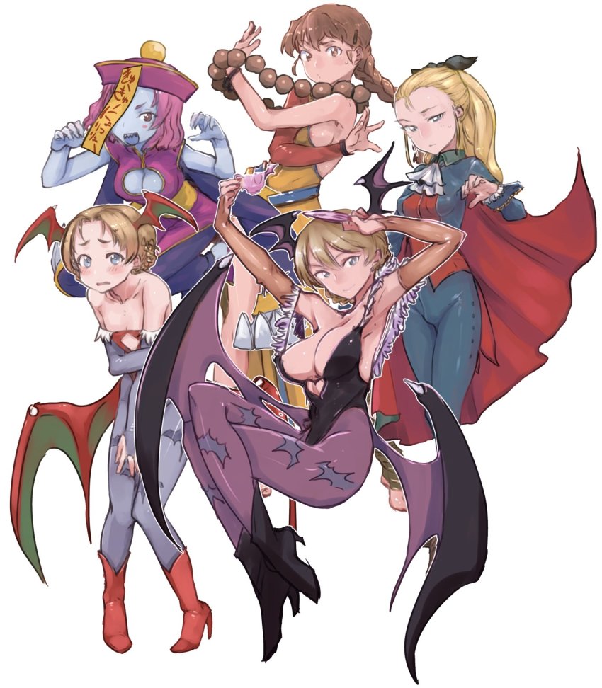 5girls abaratani_kurou animal_print assam_(girls_und_panzer) bat_print black_leotard blonde_hair blue_eyes blue_skin boots braid breasts brown-eared_bulbul brown_hair cape cleavage cleavage_cutout clothing_cutout colored_skin copyright_name cosplay darjeeling_(girls_und_panzer) darkstalkers demitri_maximoff demitri_maximoff_(cosplay) donovan_baine donovan_baine_(cosplay) elbow_gloves embarrassed french_braid girls_und_panzer gloves head_wings high_heel_boots high_heels highres hsien-ko hsien-ko_(cosplay) large_breasts leotard lilith_(darkstalkers) lilith_(darkstalkers)_(cosplay) medium_breasts morrigan_aensland morrigan_aensland_(cosplay) multiple_girls orange_pekoe_(girls_und_panzer) pantyhose pink_hair red_cape red_footwear red_leotard rosehip_(girls_und_panzer) rukuriri_(girls_und_panzer) sideboob small_breasts white_background wings