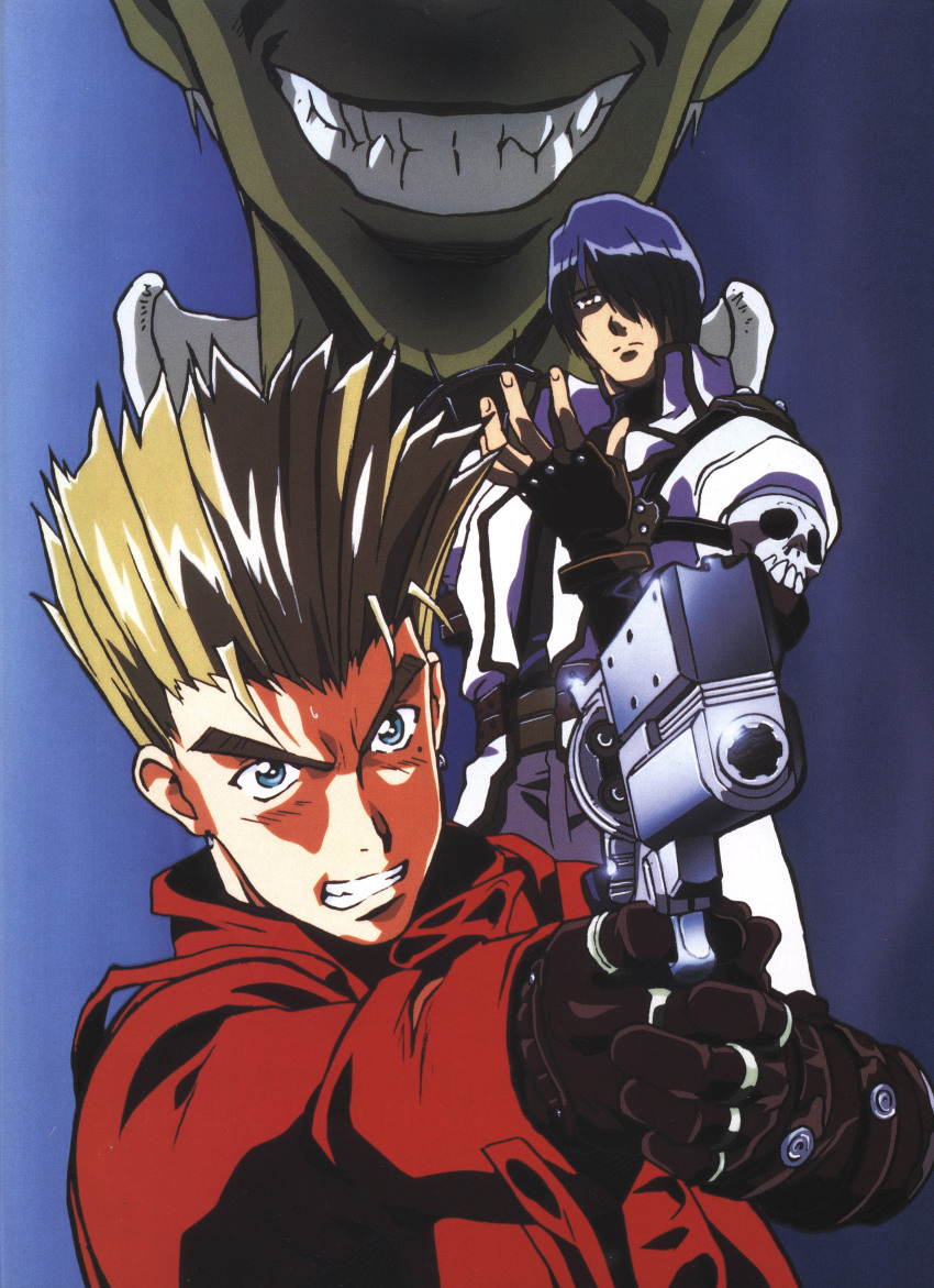 3boys absurdres aiming belt_around_waist blonde_hair blue_eyes blue_hair coat earrings evil_smile fingerless_gloves gloves gun hair_over_one_eye handgun highres jewelry legato_bluesummers madhouse millions_knives mole mole_under_eye multiple_boys official_art prosthesis prosthetic_arm red_coat revolver shirt short_hair shoulder_spikes single_earring skull_ornament smile spiked_hair spikes trigun turtleneck turtleneck_shirt vash_the_stampede weapon white_coat yellow_eyes yoshimatsu_takahiro
