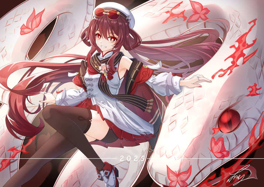 1girl 2025 absurdres animal argentrt black_thighhighs boots brown_hair brown_scarf commentary_request detached_sleeves eyewear_on_head floating_hair flower-shaped_pupils foot_out_of_frame genshin_impact giant_snake grin hair_between_eyes hair_rings hand_on_animal hat high_heel_boots high_heels highres hu_tao_(cherries_snow-laden)_(genshin_impact) hu_tao_(genshin_impact) jewelry long_hair looking_at_viewer nail_polish official_alternate_costume oversized_animal red-tinted_eyewear red_nails ring round_eyewear scarf signature smile snake solo symbol-shaped_pupils thighhighs tinted_eyewear twintails very_long_hair white_hat white_snake yellow-framed_eyewear