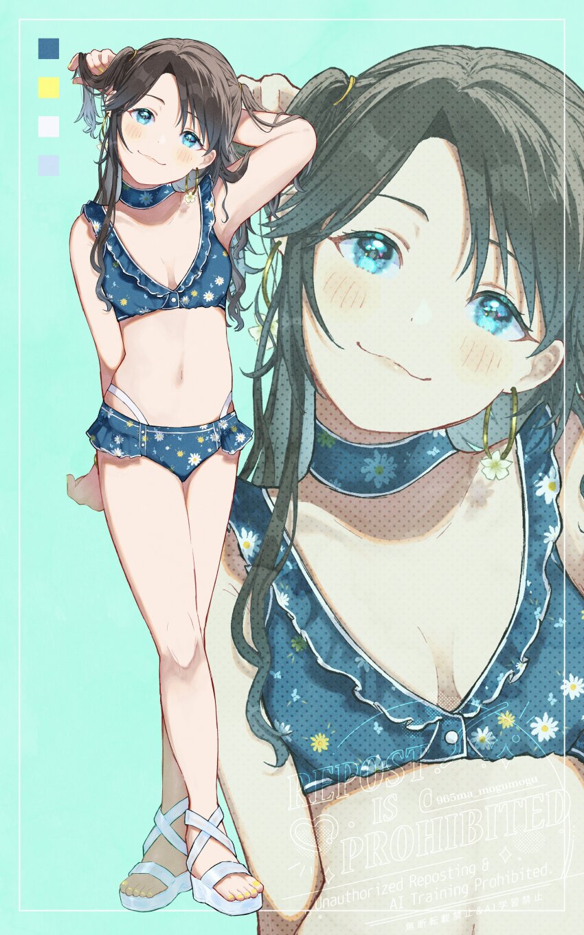 1girl 965ma_mogumogu :3 absurdres aqua_background armpits asymmetrical_bangs bikini black_hair blue_bikini blue_choker blue_eyes breasts breasts_apart choker color_guide dot_nose earrings eyelashes floral_print floral_print_bikini flower_earrings frilled_bikini frills hand_in_own_hair highres hoop_earrings idolmaster idolmaster_shiny_colors jewelry light_blush long_hair looking_at_viewer midriff mitsumine_yuika navel official_alternate_costume parted_bangs platform_sandals sandals small_breasts smile solo swept_bangs swimsuit twintails wavy_ends white_sandals yellow_nails zoom_layer