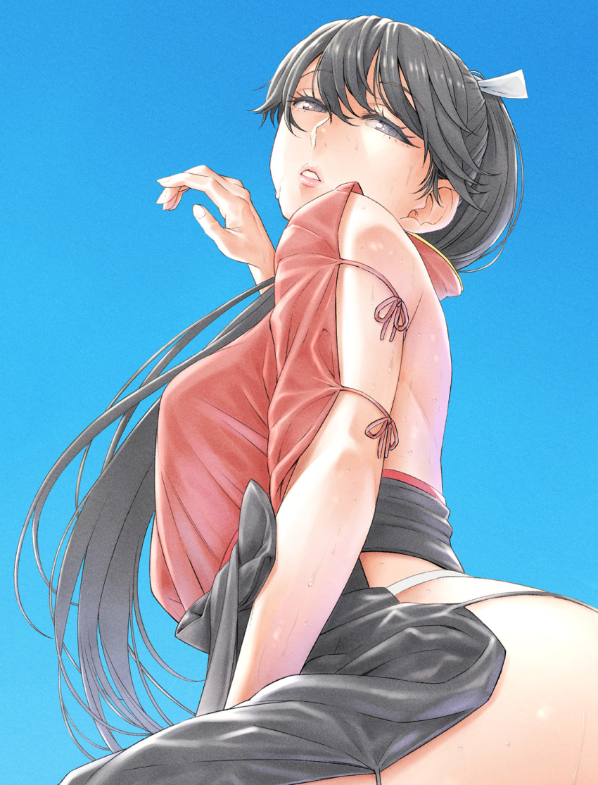 1girl ass black_hair black_hakama blue_eyes blue_sky commentary_request day from_below hakama hakama_skirt highres houshou_(kancolle) japanese_clothes kantai_collection kimono long_hair outdoors parted_lips ponytail red_kimono skirt sky solo standing wet wet_clothes yuichi_(sp_sakura_yoshi)