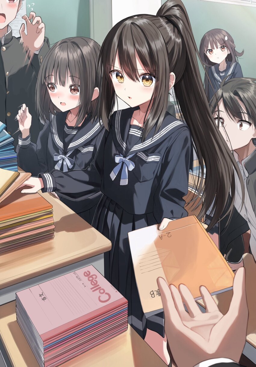 3boys 3girls :t black_hair black_jacket black_pants black_sailor_collar black_serafuku black_shirt black_skirt blue_bow blush bow brown_eyes brown_hair chair closed_mouth collared_shirt comedic_sweatdrop commentary_request desk dress_shirt flying_sweatdrops gakuran highres indoors jacket long_hair long_sleeves looking_at_viewer multiple_boys multiple_girls open_clothes open_jacket open_mouth original pants parted_lips pentagon_(railgun_ky1206) pleated_skirt ponytail pout puffy_long_sleeves puffy_sleeves sailor_collar school_chair school_desk school_uniform serafuku shirt skirt small_sweatdrop sweat sweatdrop tsurugi_saya v-shaped_eyebrows very_long_hair white_shirt