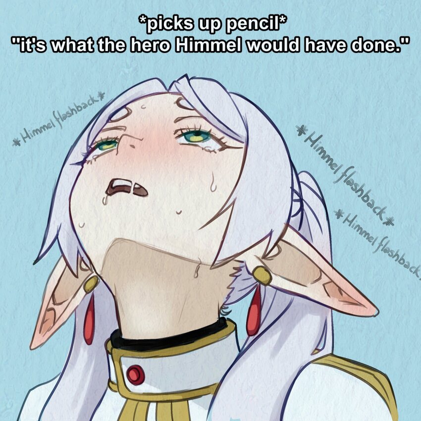 1girl ai-generated_art_(topic) blush capelet commentary earrings elf english_commentary english_text frieren green_eyes highres jewelry lewd_nessie long_hair looking_up parted_bangs pointy_ears saliva solo sousou_no_frieren sweat teeth twintails upper_teeth_only upward_angle_frieren_drawing white_capelet white_hair