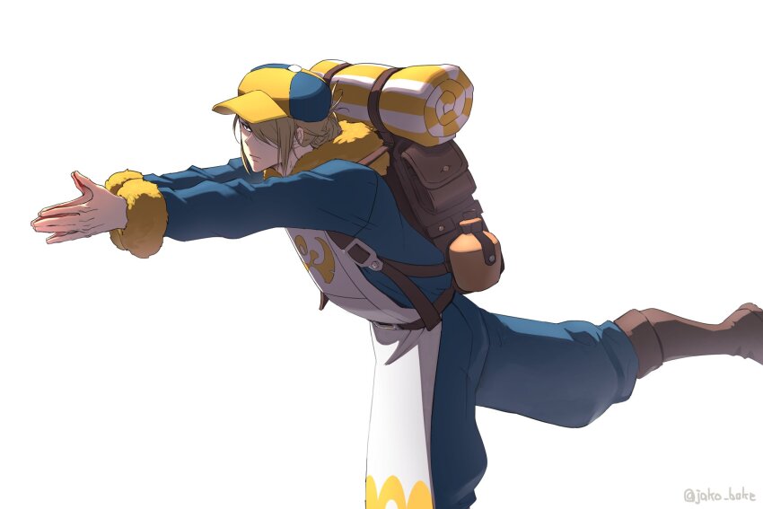 1boy backpack bag belt black_eyes blonde_hair blue_jumpsuit boots brown_bag brown_belt brown_boots closed_mouth commentary_request expressionless hair_over_one_eye highres jako_(boke_poke) jumpsuit leaning leg_up long_sleeves male_focus meme nintendo pants pants_tucked_in pokemon pokemon_legends:_arceus sakana~_(meme) simple_background solo twitter_username volo_(pokemon) watermark white_background