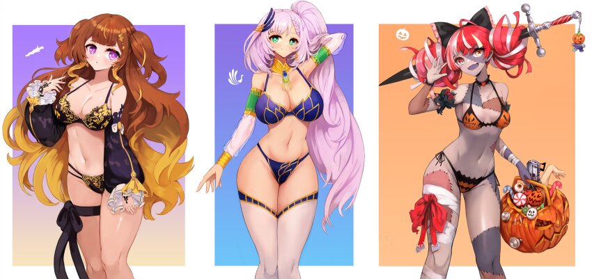 3girls absurdres anya_melfissa bikini breasts highres hololive hololive_indonesia kureiji_ollie large_breasts medium_breasts multiple_girls notte pavolia_reine small_breasts swimsuit tagme virtual_youtuber zombie