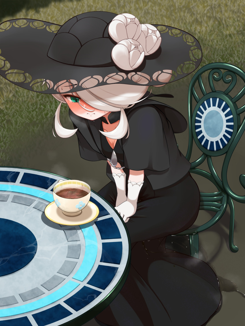 1girl absurdres between_legs black_dress black_hat black_jacket blush breasts chair cleavage closed_mouth cogita_(pokemon) cup day dress drink embarrassed female_focus flower gloves grass green_eyes hair_bun hair_over_one_eye half-closed_eyes hand_between_legs hat hat_flower highres in-universe_location jacket leaning_forward long_dress looking_down mizuumi_(expanse_lake) nintendo nose_blush on_chair one_eye_covered outdoors pee peeing peeing_self pokemon pokemon_legends:_arceus raised_eyebrows reflection saucer short_hair short_sleeves single_hair_bun sitting small_breasts solo steam sun_hat sweat swept_bangs table tea teacup tears wet wet_clothes wet_dress white_flower white_gloves white_hair
