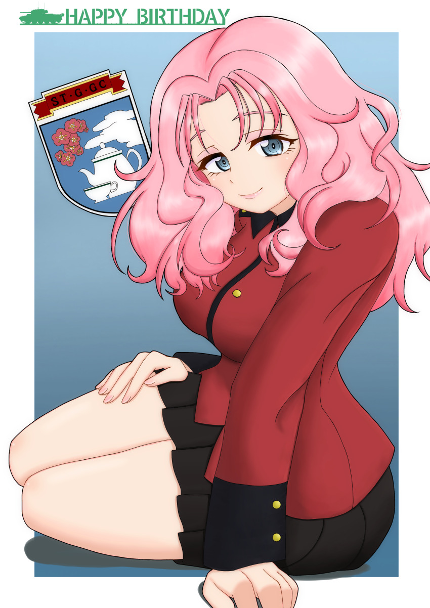 1girl absurdres amanone_yun arm_support birthday black_skirt closed_mouth emblem english_text eyeliner girls_und_panzer green_eyes hand_on_own_thigh happy_birthday highres jacket long_hair long_sleeves looking_at_viewer makeup military_uniform miniskirt peach_(girls_und_panzer) pink_hair pleated_skirt red_jacket sitting skirt smile solo st._gloriana&#039;s_(emblem) st._gloriana&#039;s_military_uniform wavy_hair yokozuwari