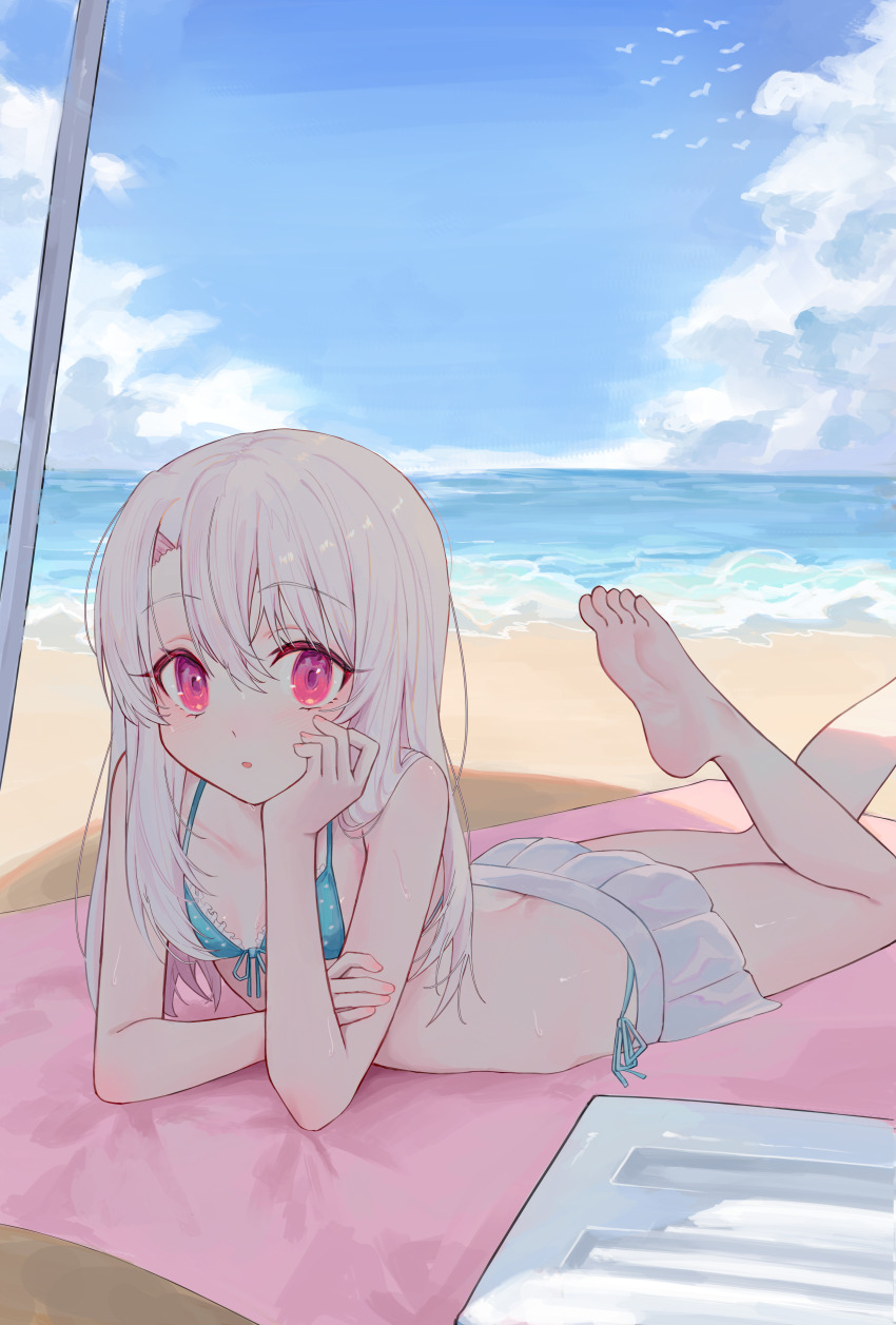 1girl absurdres barefoot beach bikini blue_bikini blue_sky commentary fate/kaleid_liner_prisma_illya fate_(series) flat_chest head_rest highres horizon illyasviel_von_einzbern kaze_22 long_hair looking_at_viewer lying miniskirt ocean on_stomach parted_lips red_eyes shade side-tie_bikini_bottom skirt sky soles solo sunlight swimsuit toes white_hair