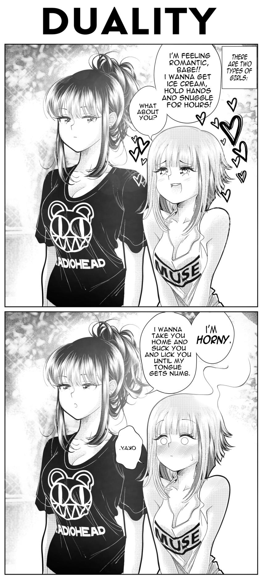 2girls absurdres band_shirt blush breasts cleavage clothes_writing commentary couple ear_protection english_commentary english_text expressionless greyscale grs- head_steam heart heart-shaped_pupils highres merchandise mirrored_text monochrome multiple_girls muse_(band) original ponytail radiohead_(band) right-to-left_comic shirt short_hair sharon_(grs-) speech_bubble steaming_body symbol-shaped_pupils t-shirt talia_(grs-) teeth upper_teeth_only upside-down_text yuri