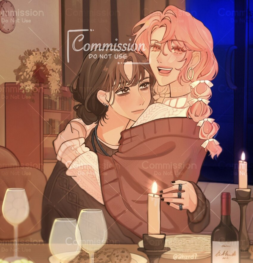 2girls 2hzrd7 analog_clock black_eyes black_hair black_nails black_sweater bottle bow cable_knit candle clock closed_mouth commentary commission cup drinking_glass earrings english_commentary hair_bow highres hoop_earrings hug jewelry kininatteru_hito_ga_otoko_ja_nakatta knit_sweater koga_mitsuki long_hair long_sleeves multi-tied_hair multiple_girls multiple_hair_bows oono_aya open_mouth pink_eyes pink_hair smile sweater watermark white_bow white_sweater window wine_bottle wine_glass