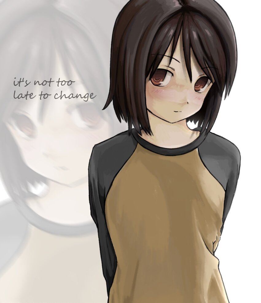 1girl arms_behind_back black_sleeves brown_eyes brown_hair brown_shirt english_text highres light_blush long_sleeves looking_at_viewer nakahara_misaki shirt two-tone_shirt zoolpal zoom_layer