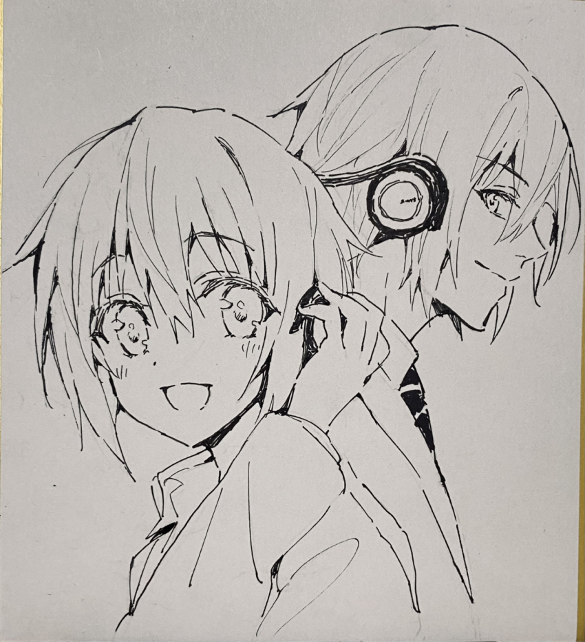 2boys closed_mouth coat collared_shirt dot_nose hair_between_eyes headphones highres kusanagi_naoya long_sleeves looking_at_another motoyon multiple_boys natsume_kei_(sakura_no_uta) necktie open_mouth portrait sakura_no_toki sakura_no_uta shirt short_hair smile tareme traditional_media