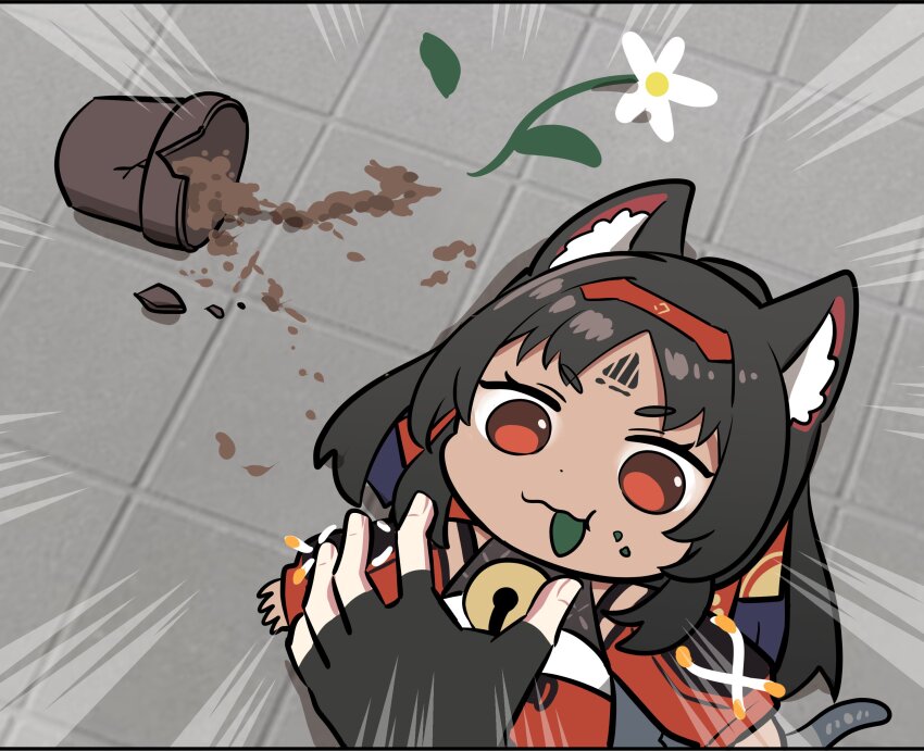 2girls absurdres anby_demara animal_ear_fluff animal_ears barcode barcode_tattoo bell black_gloves black_hair cat_ears cat_girl cat_tail commentary_request dark-skinned_female dark_skin dirty fingerless_gloves flower forehead_tattoo gloves hairband highres korean_commentary leaf leaf_in_mouth multiple_girls neck_bell nekomiya_mana ooyun red_eyes red_hairband solo_focus tail tattoo white_flower zenless_zone_zero