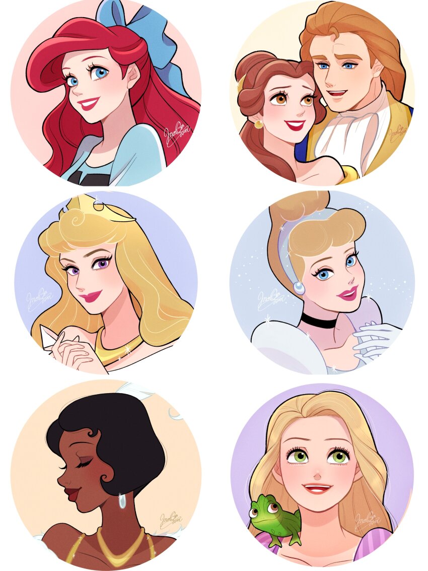 1boy 6+girls absurdres animification ariel_(disney) aurora_(disney) belle_(disney) chameleon cinderella_(disney_character) cinderella_(disney_movie) disney_princess highres moko_eaka multiple_girls pascal_(tangled) prince_adam_(disney) rapunzel_(disney) sleeping_beauty_(disney) tangled the_little_mermaid_(disney) the_princess_and_the_frog tiana_(the_princess_and_the_frog)
