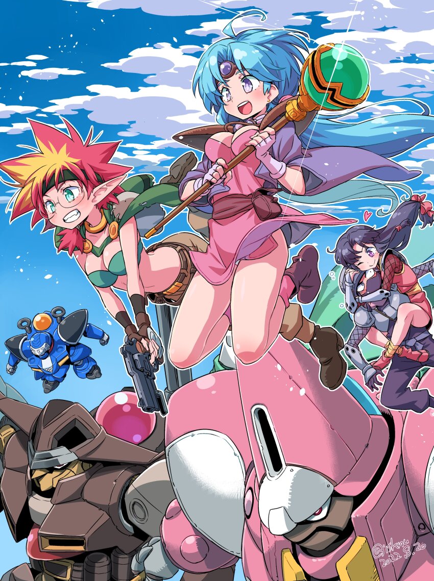 1boy 3girls absurdres armor artist_name bakunetsumaru_(haou_taikei_ryuu_knight) bandaged_ankle bandeau belt belt_buckle belt_pouch black_belt black_headband blonde_hair blue_hair blue_sky blush boots breasts brown_gloves brown_pants buckle capelet chest_guard cleavage closed_mouth cloud commentary curtained_hair dated derringer_(haou_taikei_ryuu_knight) dress fingerless_gloves fishnets floating floating_hair flying_sweatdrops glasses glomp gloves green_bandeau green_capelet green_eyes grin gun handgun haou_taikei_ryuu_knight headband heads_together heart helmet highres holding holding_gun holding_staff holding_weapon hug iori_(haou_taikei_ryuu_knight) isedaichi_ken japanese_clothes jewelry katze leg_lock long_hair looking_at_another low-tied_long_hair magidora mask mecha medium_breasts mouth_mask multicolored_hair multiple_girls ninja ninja_mask open_mouth orb outdoors paffy_pafuricia pants pauldrons pink_dress pink_shoes pink_socks pouch purple_belt purple_boots purple_eyes purple_pants purple_shirt red_eyes red_hair robot sarutobi_(haou_taikei_ryuu_knight) shirt shoes shoulder_armor sky smile socks spiked_hair staff surprised thighs twitter_username two-tone_hair vambraces weapon white_gloves