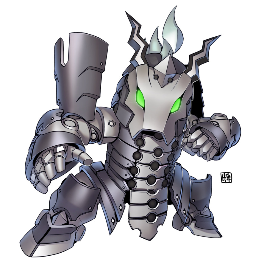 agares armor fighting_stance full_body glowing glowing_eyes green_eyes highres horse_face looking_at_viewer machinery mecha mecha_focus mechanical_horse nakano_haito no_humans robot science_fiction shoulder_armor simple_background solo standing super_robot super_robot_wars super_robot_wars_compact_3 super_robot_wars_original_generation super_robot_wars_original_generation_gaiden white_background