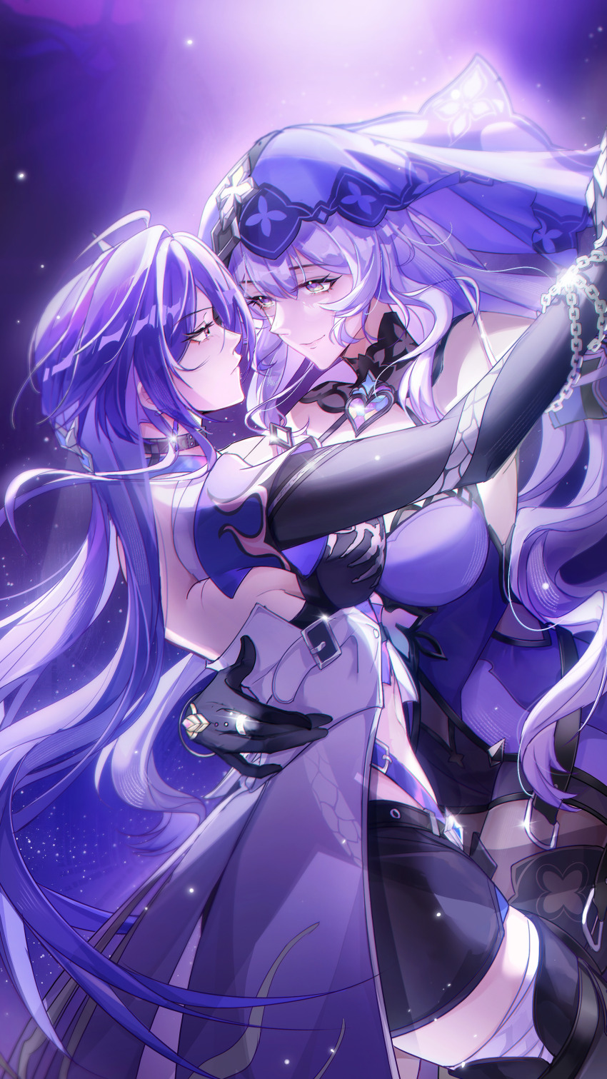 2girls absurdres acheron_(honkai:_star_rail) black_choker black_shorts black_sleeves black_swan_(honkai:_star_rail) breasts cape choker closed_mouth hair_between_eyes highres honkai:_star_rail honkai_(series) hug jewelry long_hair long_sleeves medium_breasts multiple_girls purple_eyes purple_hair purple_veil shenjudongmandabanban shorts smile veil white_cape yuri