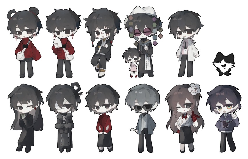 6+boys 6+girls ;) animalization bag bandage_over_one_eye bandaged_neck bandages beard_stubble black_capelet black_coat black_dress black_eyes black_gloves black_hair black_jacket black_necktie black_pants black_pantyhose black_shoes black_skirt blue_jacket blue_scarf brown_hair camera camera_around_neck capelet cat chinese_commentary closed_eyes closed_mouth coat collared_shirt colored_extremities commentary_request crossed_arms deformed di_hongxia dress earrings expressionless facial_hair facial_mark facial_tattoo flats flower fur-trimmed_capelet fur_trim gloves green_eyes grey_hair grey_shirt hair_between_eyes hair_bobbles hair_bun hair_flower hair_ornament hair_ribbon hair_rings hair_stick hat heterochromia high_collar highres holding holding_notepad hood hood_down hoodie hua_jin huai_huizhi huai_yunqing jacket jewelry lab_coat lanyard li_yuting_(female) liu_qingcheng long_hair long_sleeves low-tied_sidelocks mark_under_both_eyes medium_hair messenger_bag miniskirt mo_chengwei mole mole_under_each_eye mole_under_eye mole_under_mouth multicolored_hair multiple_boys multiple_girls multiple_moles multiple_scarves naihe_(female)_(touqi_guaitan) necktie notepad one_eye_closed open_clothes open_jacket open_mouth own_hands_together pants pantyhose pink-tinted_eyewear pink_dress pink_shirt pleated_skirt purple_hoodie red_gloves red_jacket red_ribbon red_shirt ribbon round_eyewear scarf shirt shoes short_hair short_hair_with_long_locks short_sleeves short_twintails shoulder_bag sidelocks simple_background single_earring single_hair_bun single_hair_ring skirt smile stubble sunglasses tattoo tinted_eyewear touqi_guaitan turtleneck turtleneck_dress twintails v white_background white_bag white_hat white_shirt wu_song_(female)_(touqi_guaitan) yellow_scarf you_jiujiu zaoni_tiancai ziche_fuzhao