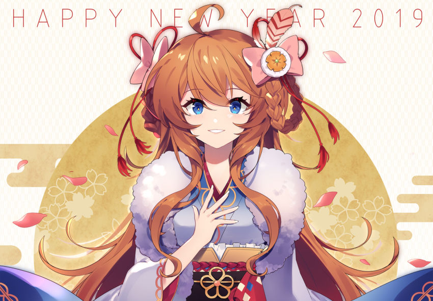 1girl 2019 ahoge blue_eyes blue_kimono bow braid braided_hair_rings brown_hair commentary egasumi feather_hair_ornament feathers female_focus flower fur granblue_fantasy gun hair_bow hair_ornament hair_rings handgun happy_new_year japanese_clothes kimono lecia_(granblue_fantasy) long_hair long_sleeves new_year obi parted_lips patterned_background petals pink_bow sash sharlorc sidelocks smile solo sun tassel upper_body very_long_hair weapon wide_sleeves yagasuri