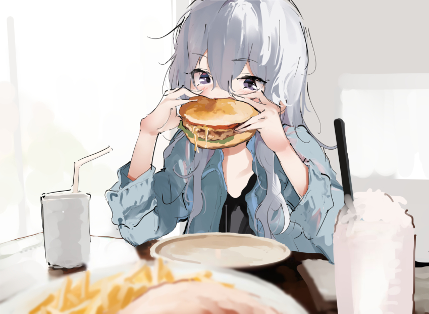 1girl bendy_straw black_shirt blue_jacket blurry blurry_foreground blush burger commentary_request cup depth_of_field disposable_cup drinking_straw eating food french_fries grey_hair hair_between_eyes hands_up holding holding_food indoors jacket kozakura_(urasekai_picnic) lamb_(hitsujiniku) long_hair long_sleeves open_clothes open_jacket plate purple_eyes shirt solo upper_body urasekai_picnic
