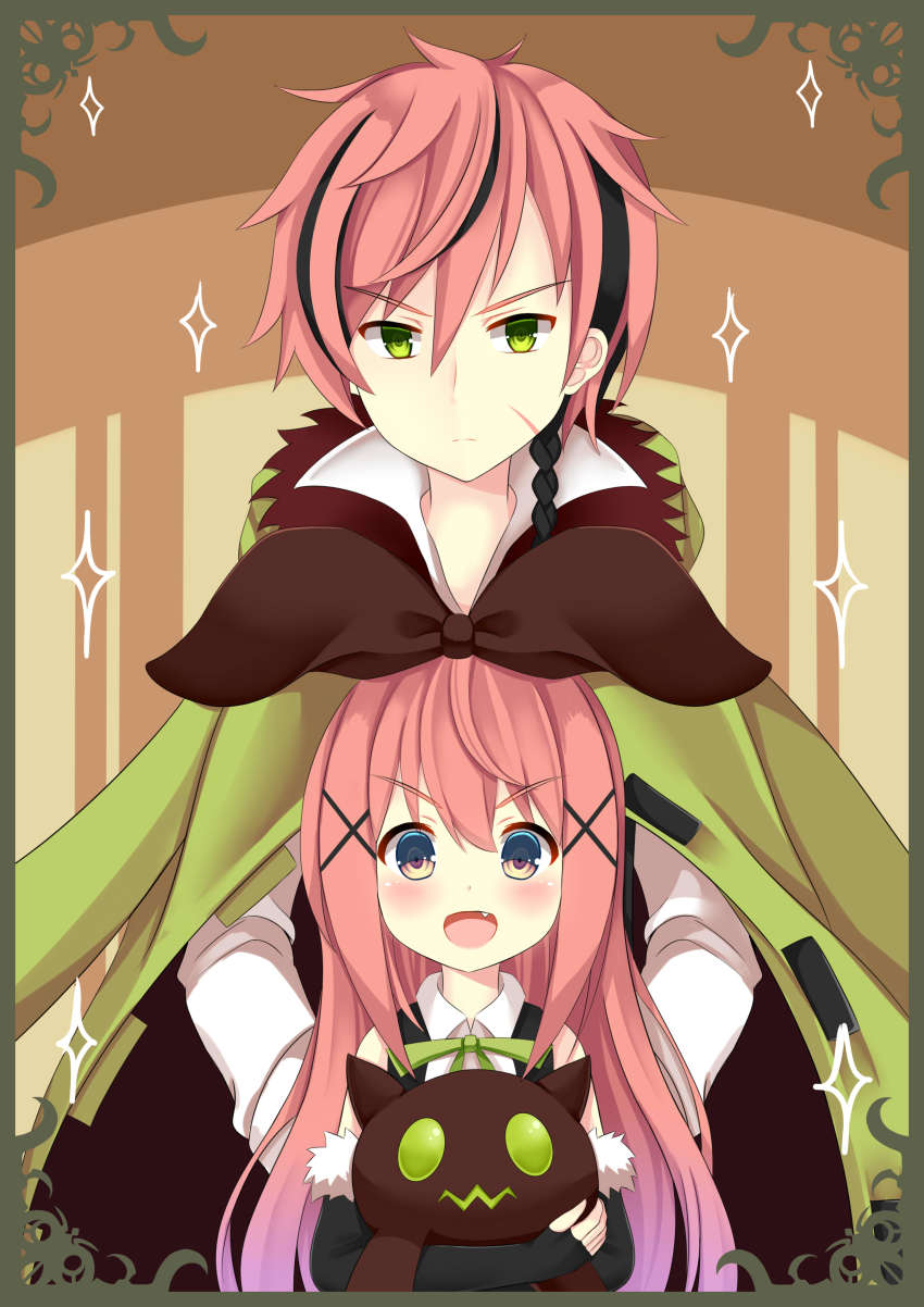 1boy 1girl :d absurdres asusilver_(artist) black_gloves black_hair black_ribbon blush border braid brown_background brown_eyes child closed_mouth collared_shirt efina elbow_gloves fang fingerless_gloves frown fur_trim gloves gradient_hair green_eyes green_jacket green_ribbon hair_between_eyes hair_ornament hair_ribbon head_tilt highres hugging_object jacket jacket_on_shoulders lieat long_hair looking_at_viewer multicolored_hair neck_ribbon open_mouth pink_hair purple_hair ribbon scar scar_on_face shirt short_hair smile sparkle streaked_hair stuffed_animal stuffed_toy teobaldo_leonhearts two-tone_hair white_shirt wing_collar x_hair_ornament