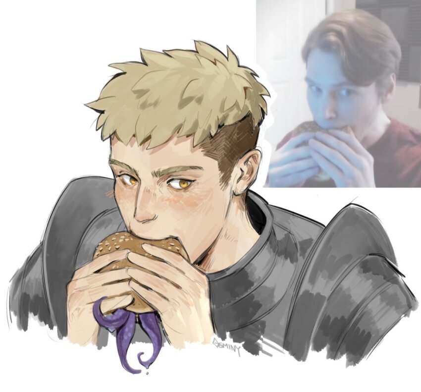 1boy armor artist_name blonde_hair burger commentary dungeon_meshi eating english_commentary food gem1ny hands_up holding holding_food jerma985 jerma985_eating_a_whopper_(meme) laios_touden looking_at_viewer male_focus meme open_mouth pauldrons reference_inset short_hair shoulder_armor tentacles undercut upper_body very_short_hair white_background yellow_eyes
