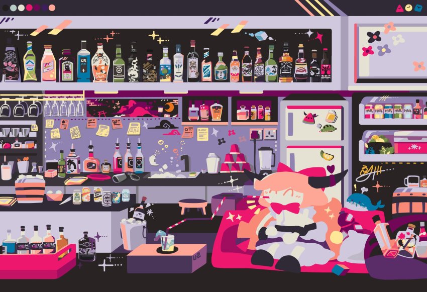 1girl ^_^ alcohol bar_(place) black_footwear blender_(object) blush bottle bow bowtie bubble bucket can closed_eyes commentary couch cup cushion disposable_cup drinking_glass drinking_straw electrical_outlet facing_viewer flat_color food gourd hair_bow highres horns ibuki_suika ice ice_cream ice_cube indoors leaf long_hair magnet no_lineart note okunoda_miyoi okunoda_miyoi_(whale) oni oni_horns orange_hair purple_skirt red_bow red_bowtie refrigerator sakazuki shelf shirt signature sink sitting skirt sleeveless sleeveless_shirt solo spoon stool thatpebble touhou very_long_hair white_shirt wide_shot wine_glass