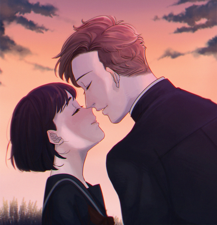 1boy 1girl black_hair black_shirt brown_hair closed_eyes facing_another hetero highres imminent_kiss outdoors posha-art profile school_uniform shirt short_hair twilight upper_body
