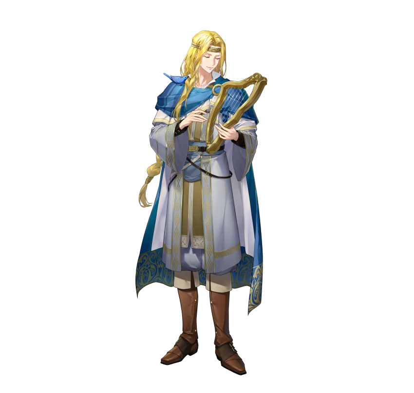 1boy absurdres blonde_hair blue_cape boots braid braided_ponytail brown_boots cape circlet closed_eyes commentary_request elffin_(fire_emblem) fire_emblem fire_emblem:_the_binding_blade fire_emblem_heroes full_body harp highres instrument long_hair male_focus nintendo official_art parted_bangs pavilionushima simple_background solo very_long_hair white_background
