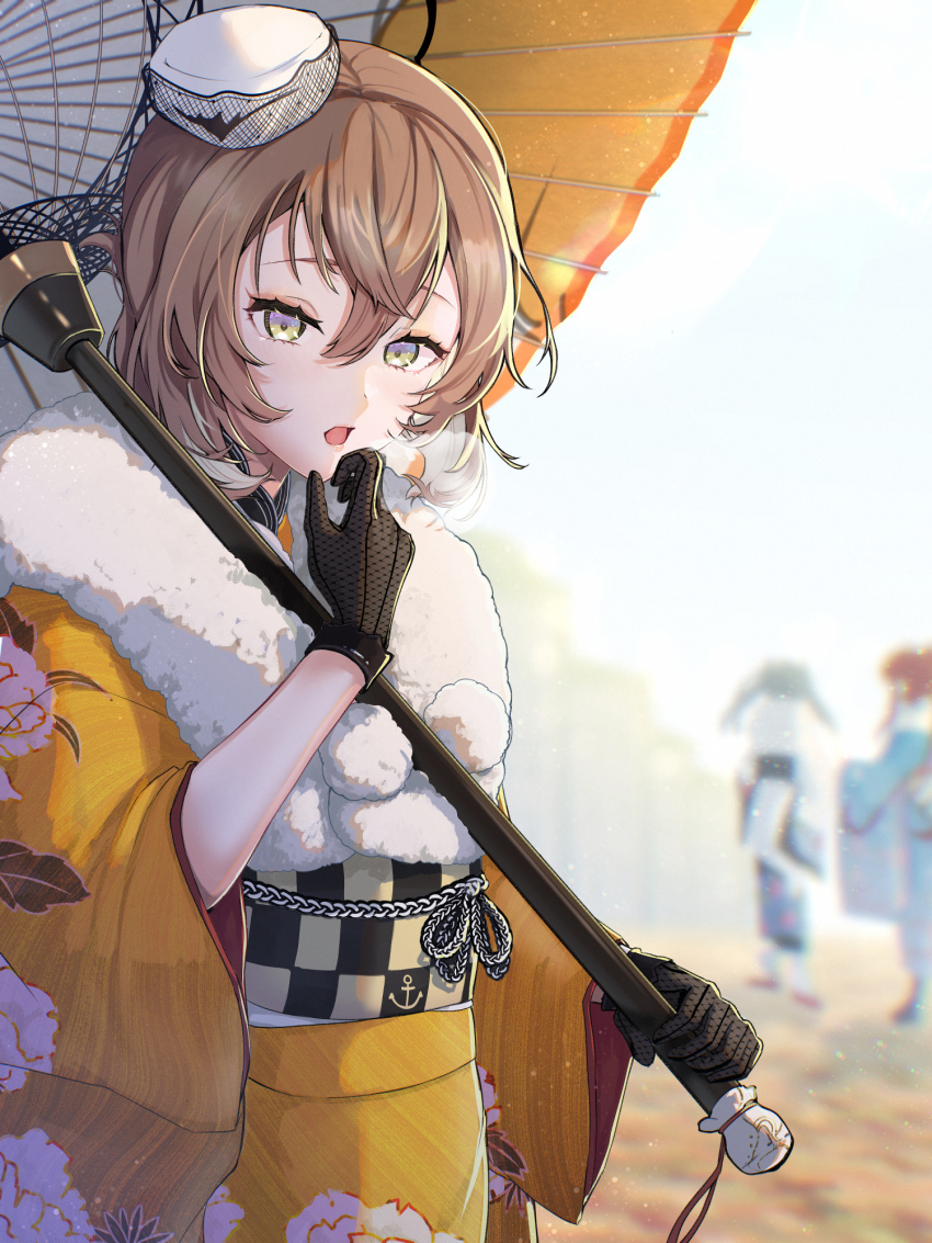 3girls black_gloves breath brown_hair day floral_print gloves hair_between_eyes hat helena_(kancolle) helena_(new_year)_(kancolle) highres holding holding_umbrella japanese_clothes kantai_collection kimono kouga_(mutsumi) long_sleeves looking_at_viewer multiple_girls mutsu_(kancolle) mutsu_(new_year)_(kancolle) obi oil-paper_umbrella open_mouth orange_kimono outdoors sash short_hair solo_focus standing umbrella white_hat wide_sleeves zuikaku_(kancolle) zuikaku_(new_year)_(kancolle)